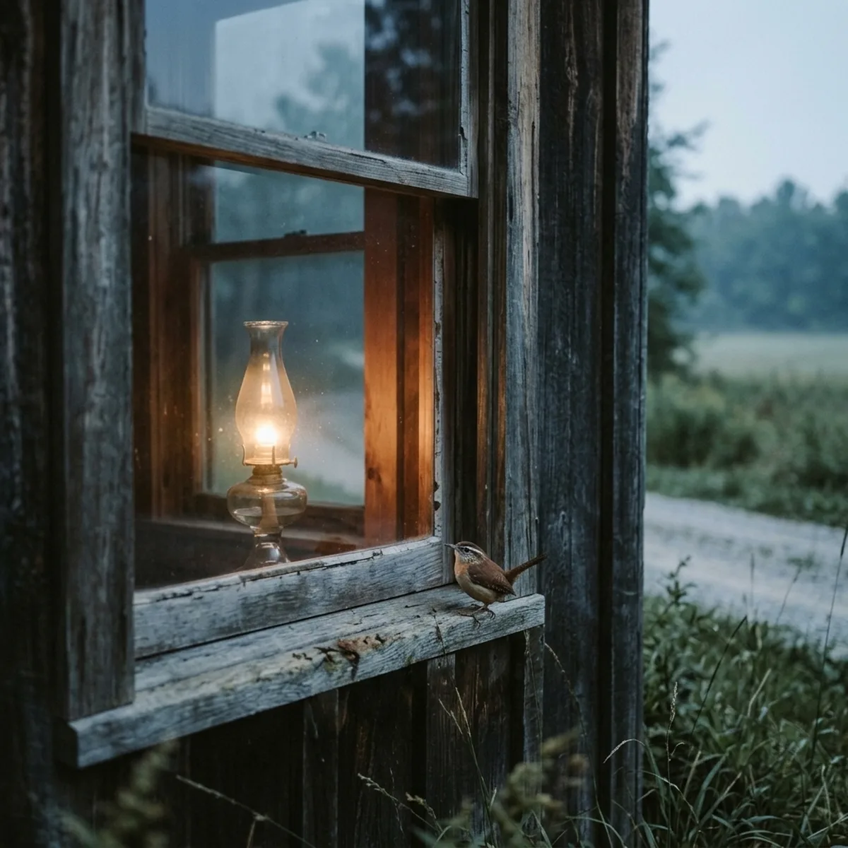 A brass lantern glowing in a window at dawn, a small wren on the sill